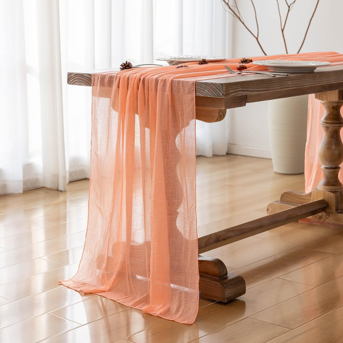 Keketoarrange 3pcs Fresh Salmon Cheesecloth Table Runner Valentines Decor Peach Echo Gauze 120 Inch 10 FT Boho Table Runner for Wedding Baby Shower Bridal Shower Party Sheer Spring Home Decorations