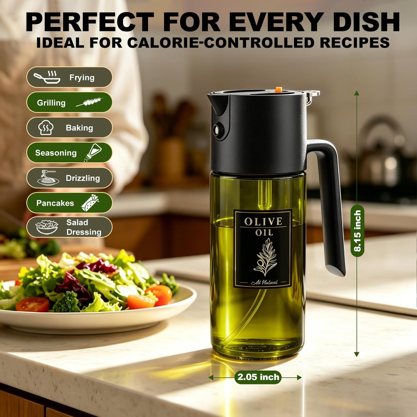 2-IN-1 500ml/17oz Light-Blocking Dark Oil Sprayer for Cooking with Sticker, Dark Green Glass Olive Oil Dispenser Bottle for Kitchen, Even Spray with Portion Control, Perfect for Air Fryer, BBQ - Black