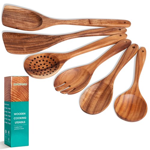 HOWHONG Wooden Spoons for Cooking, Teak Wood Kitchen Utensil Set, Premium Handmade Wooden Utensils for Nonstick Cookware, Heat Resistant, Smooth Finish, Comfortable Grip, 6 Piece