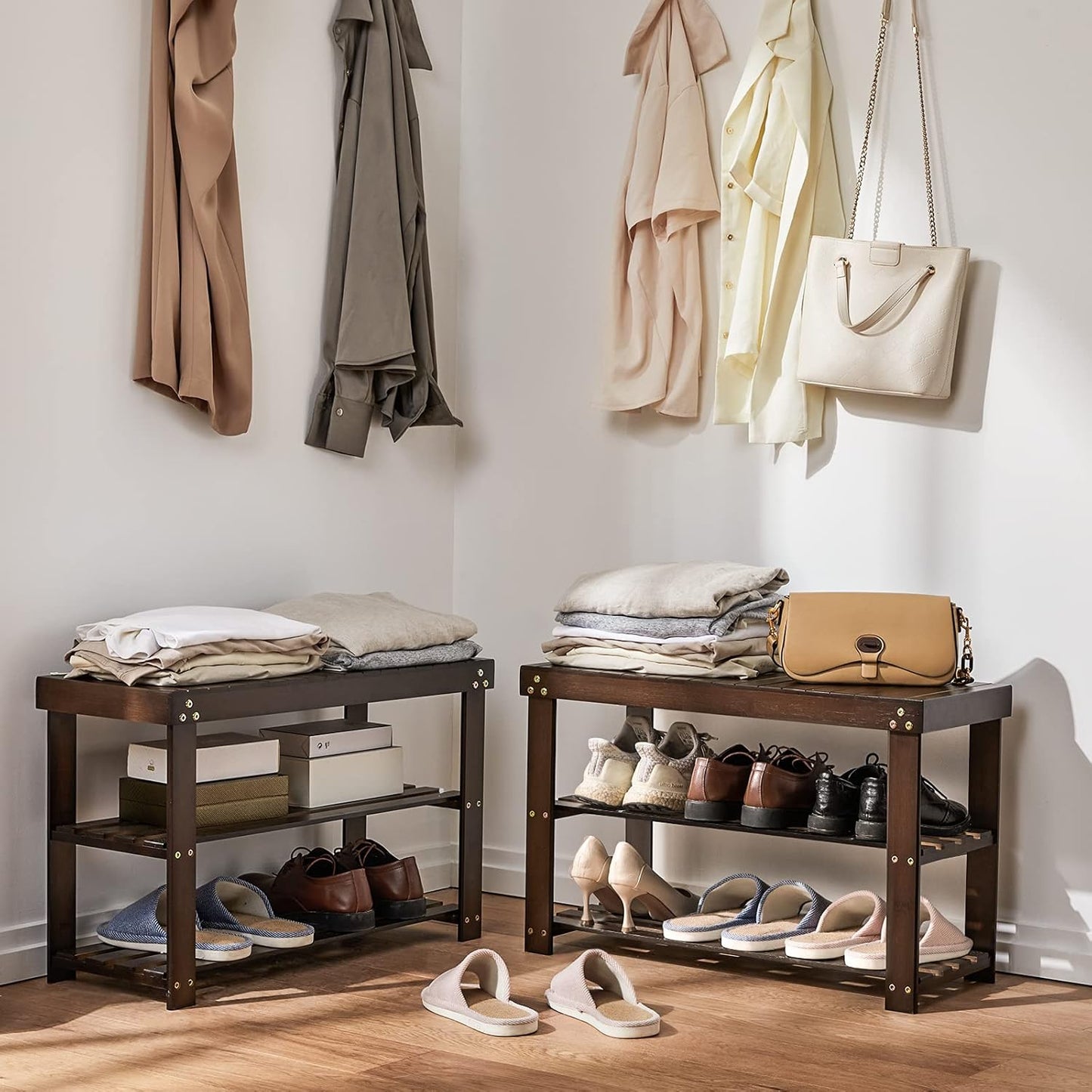 Pipishell Bamboo Shoe Rack - 3-Tier Sturdy Storage Bench for Entryway & Living Room | Holds Up to 300lbs, Brown