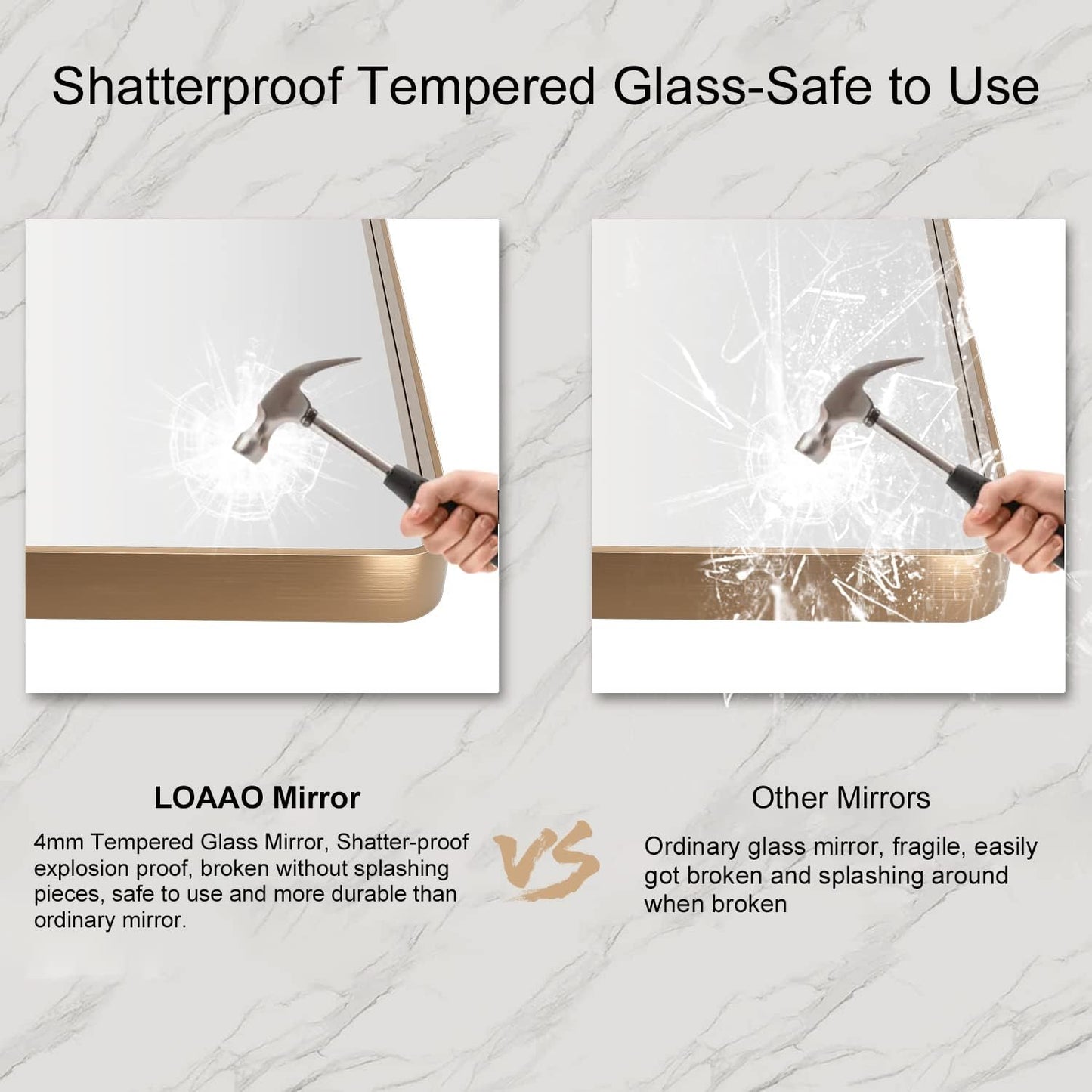 LOAAO Gold Bathroom Mirror - 48”X36” Rounded Rectangle Design | Anti-Rust Tempered Glass, Wall-Mounted