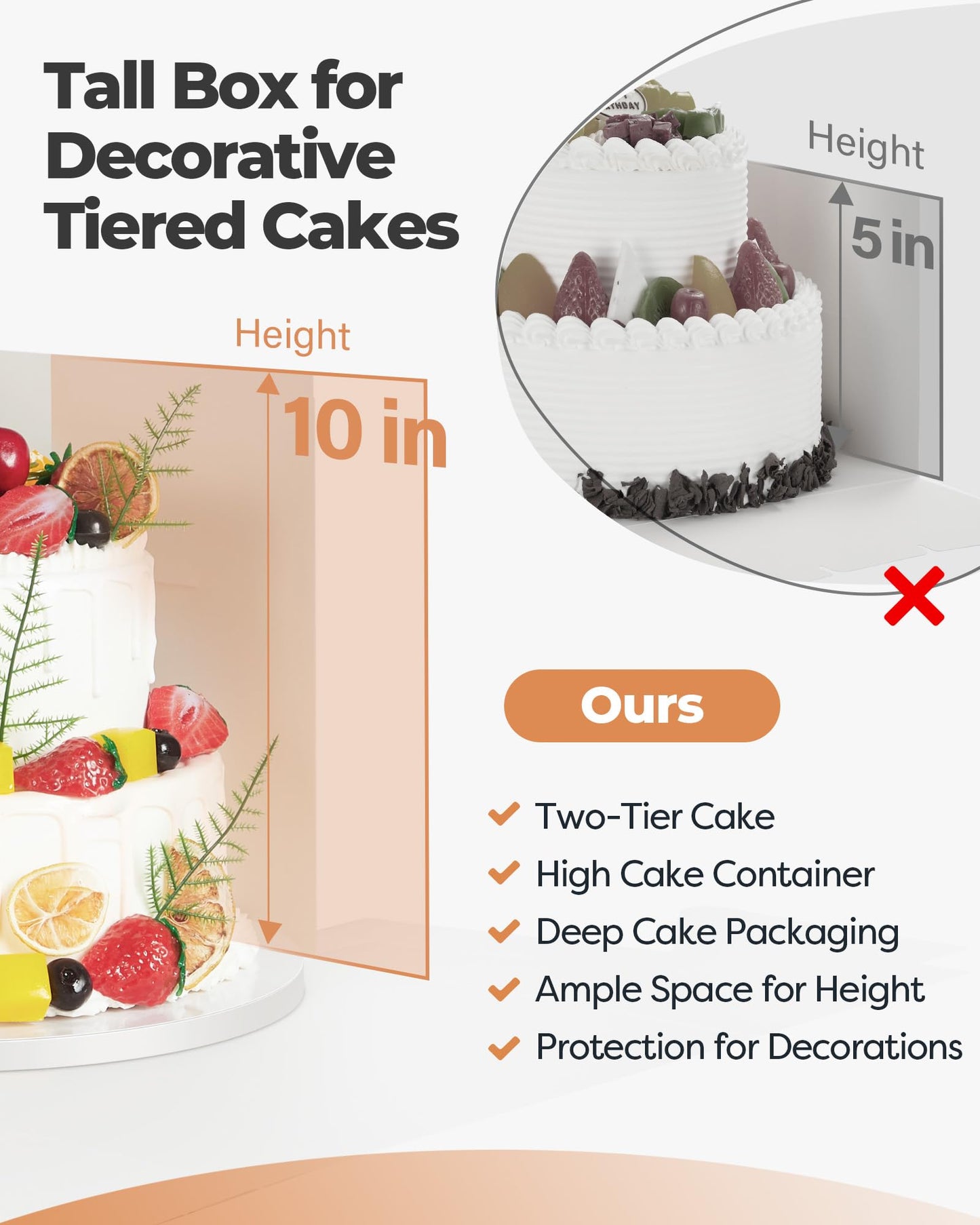 Kootek Cake Box with Board Drum, 10x10x10 Inches Tall Bakery Box with Window, Disposable Cake Container with Lid for Cake, Treat Cookie Dessert, Pastry, Birthday Party, Weddings