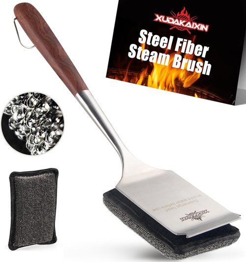 Bristle-Free Grill Brush Kit - Luxurious Long Rosewood Handle & Replacement Head | Safe BBQ Cleaning Tool