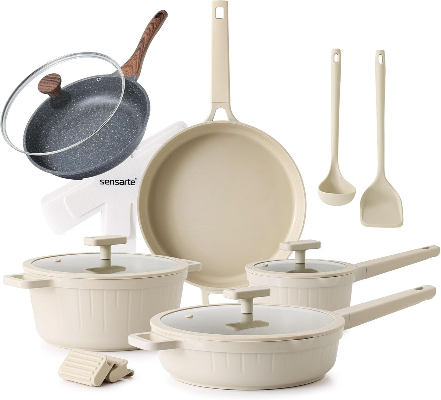 SENSARTE 15-Piece Ceramic Nonstick Cookware Set - Induction Compatible with 8-Inch Omelet Pan & Lid