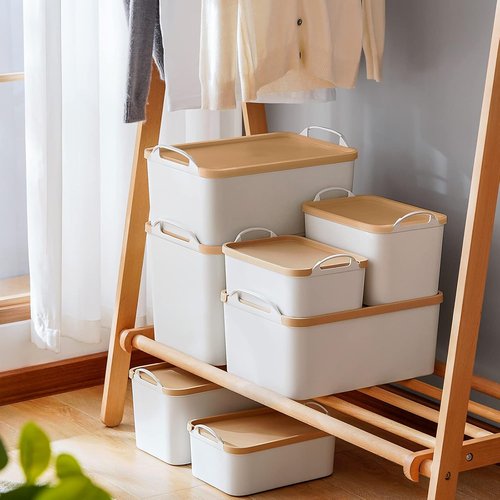 ANMINY Plastic Storage Bins - 5PCS Lidded Containers for Closet & Desktop Organization | Wheat Lids