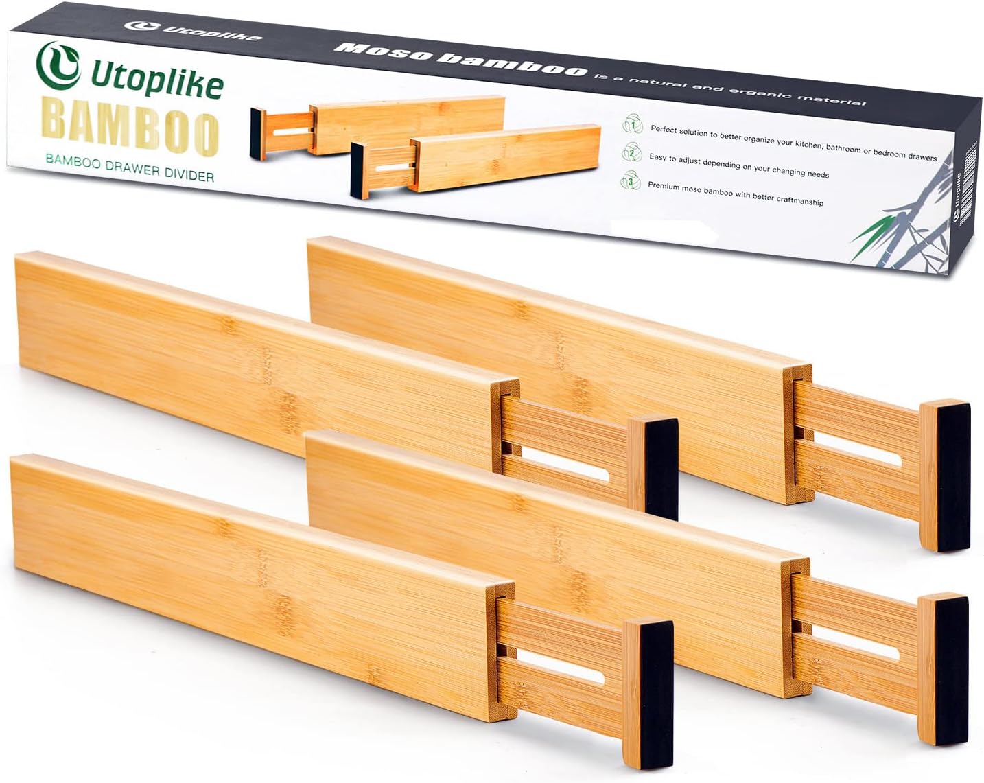 Utoplike Bamboo Drawer Dividers - Adjustable & Expandable Organizers for Kitchen, Dresser, Bathroom | 4 Pcs Set