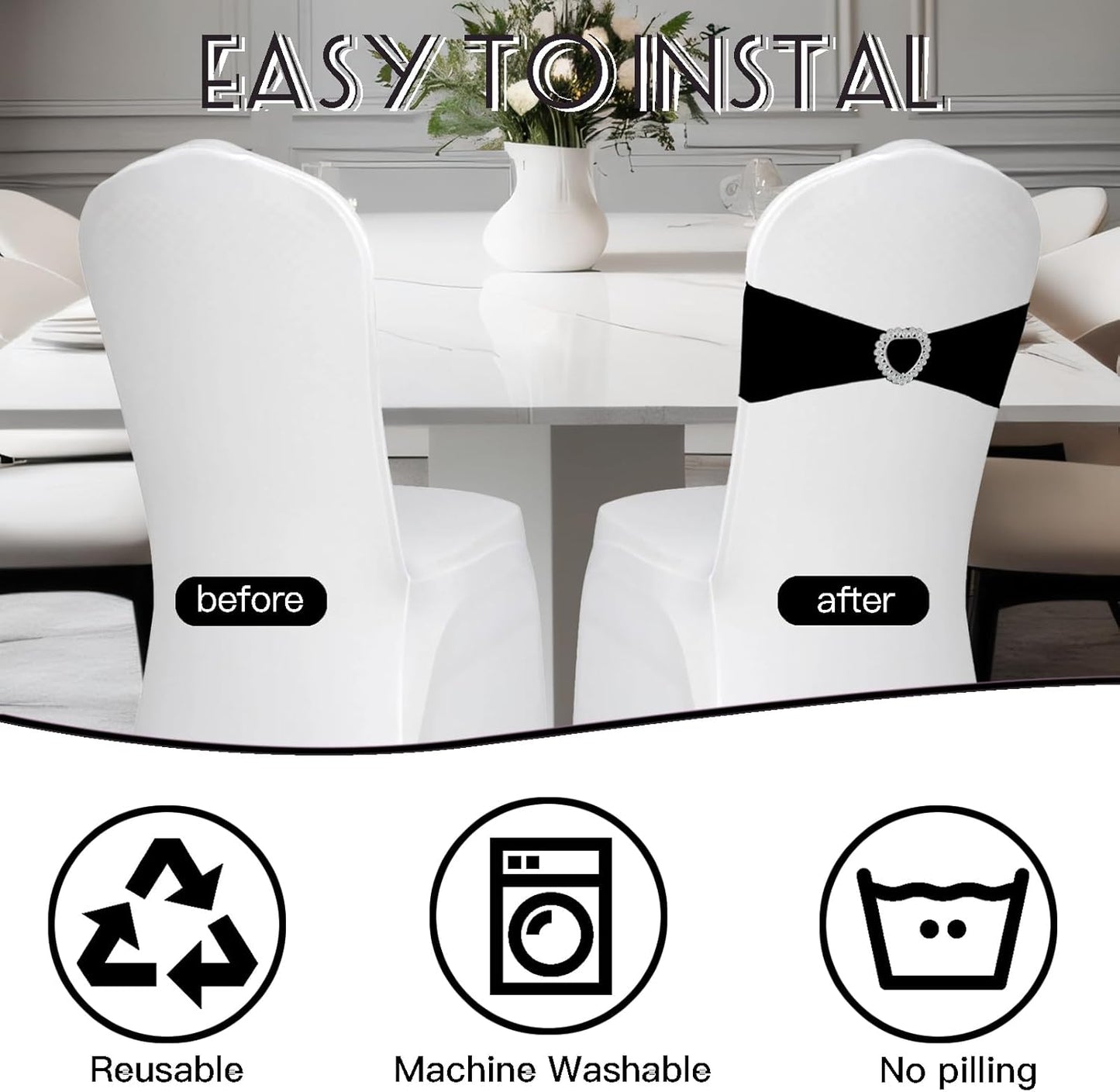 Skiennix 100PCS Black Spandex Chair Sashes - Universal Elastic Covers with Buckle Slider for Events
