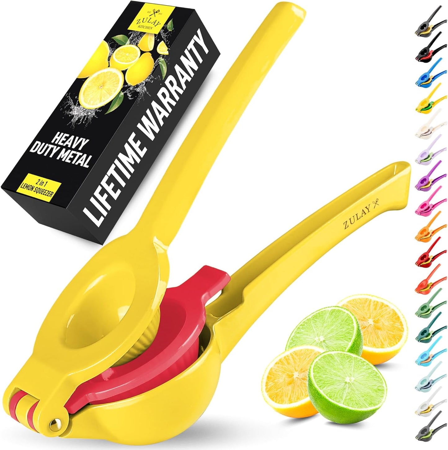 Zulay Kitchen 2-in-1 Lemon Squeezer - Sturdy Hand Juicer for Maximum Juice Extraction | Easy to Clean - Yellow/Red
