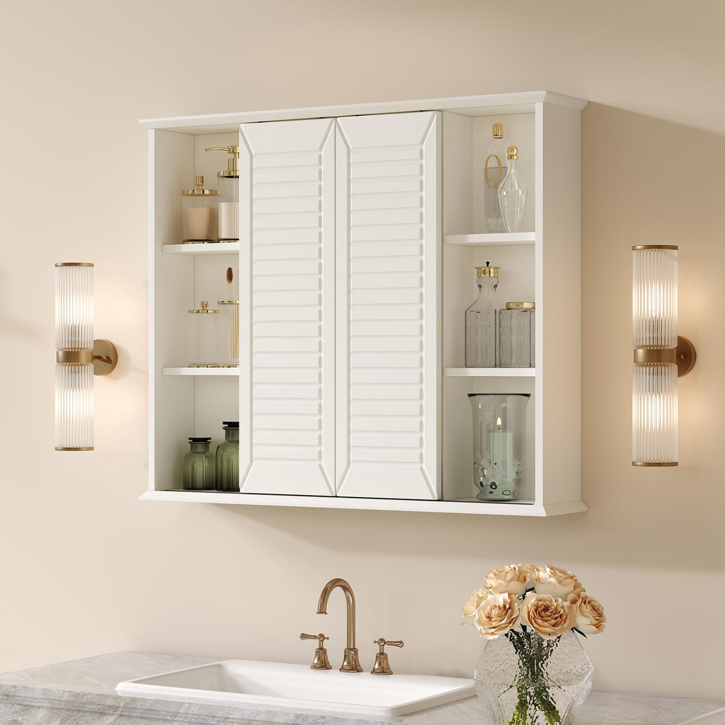 FFBCFDK Bathroom Medicine Cabinet Mirror 28.3 x 23.8 inch Bathroom Mirror with Storage Wall Mounted Medicine Mirror Cabinet Wood Organizer with 2 Door Surface Mount Farmhouse Storage Cabinet