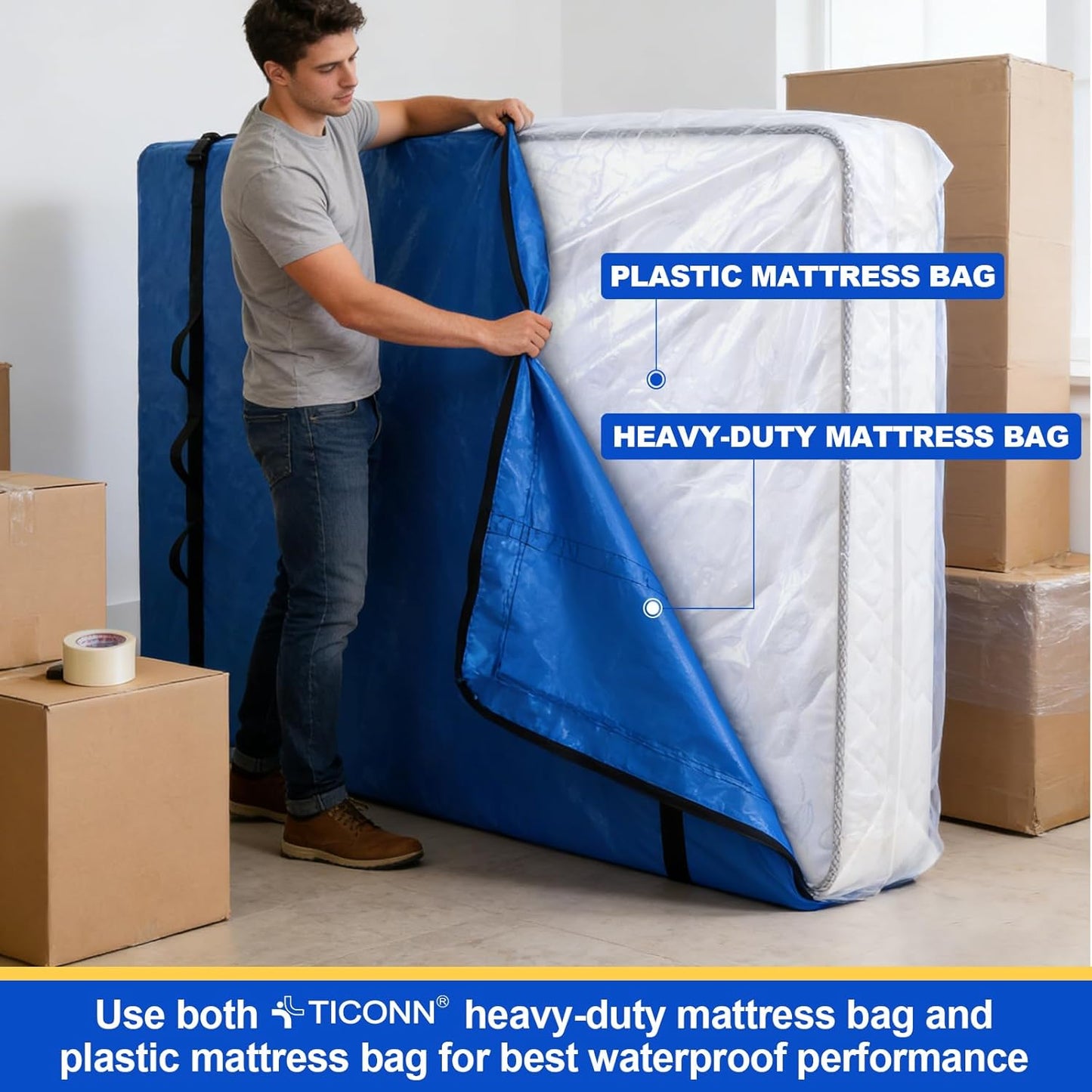 TICONN Queen Mattress Bag - Heavy Duty Storage Cover with Full-Around Handle & Adjustable Buckles | Blue