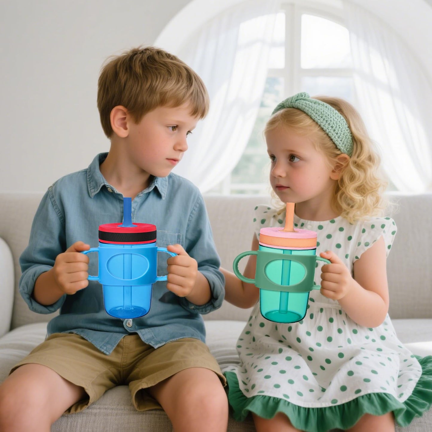 Mity rain Cup Grip Compatible with Owala Toddler Cup - Kid Cup Silicone Dual-Handle Fit for Owala 12oz, for Zak 12oz 15oz, for Stanley 14oz, Kid Water Bottle Handle Tumblers Accessories (Green+Blue)