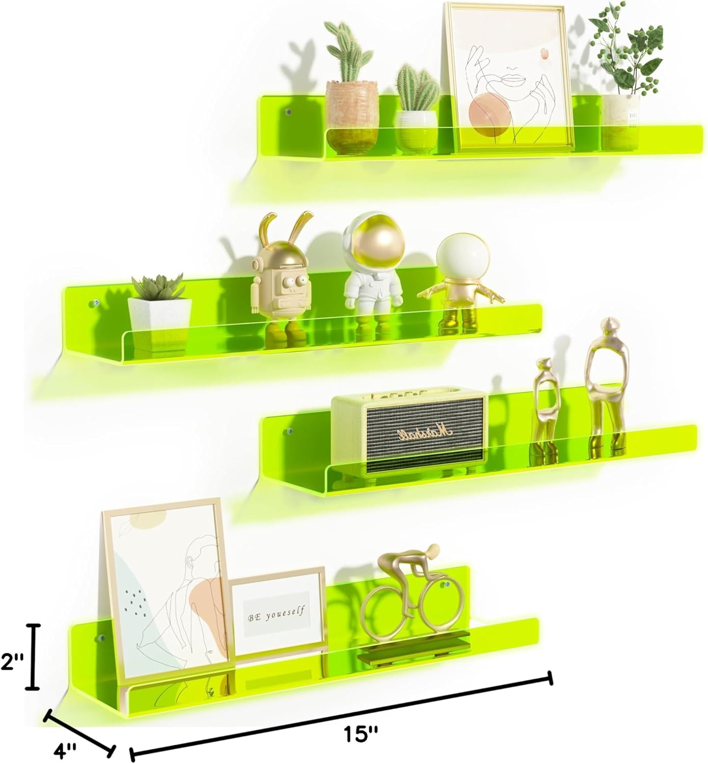Upsimples Acrylic Wall Shelves - 15" Display Shelf for Figures & Nail Polish | Clear Fluorescent Green, 4 Pack