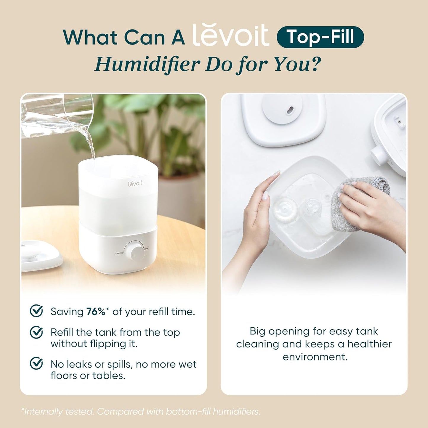 LEVOIT Top Fill Humidifier - 2.5L Quiet Cool Mist for Large Rooms | Easy to Fill & Clean, Auto Shut-off, 25H Runtime