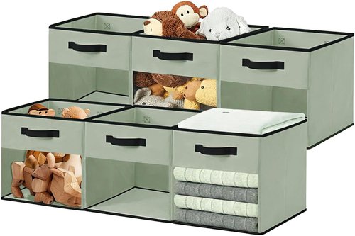 DECOMOMO Storage Bins - Fabric Cube Storage Bins with Window for Shelves | 11" | 6-Pack, Green