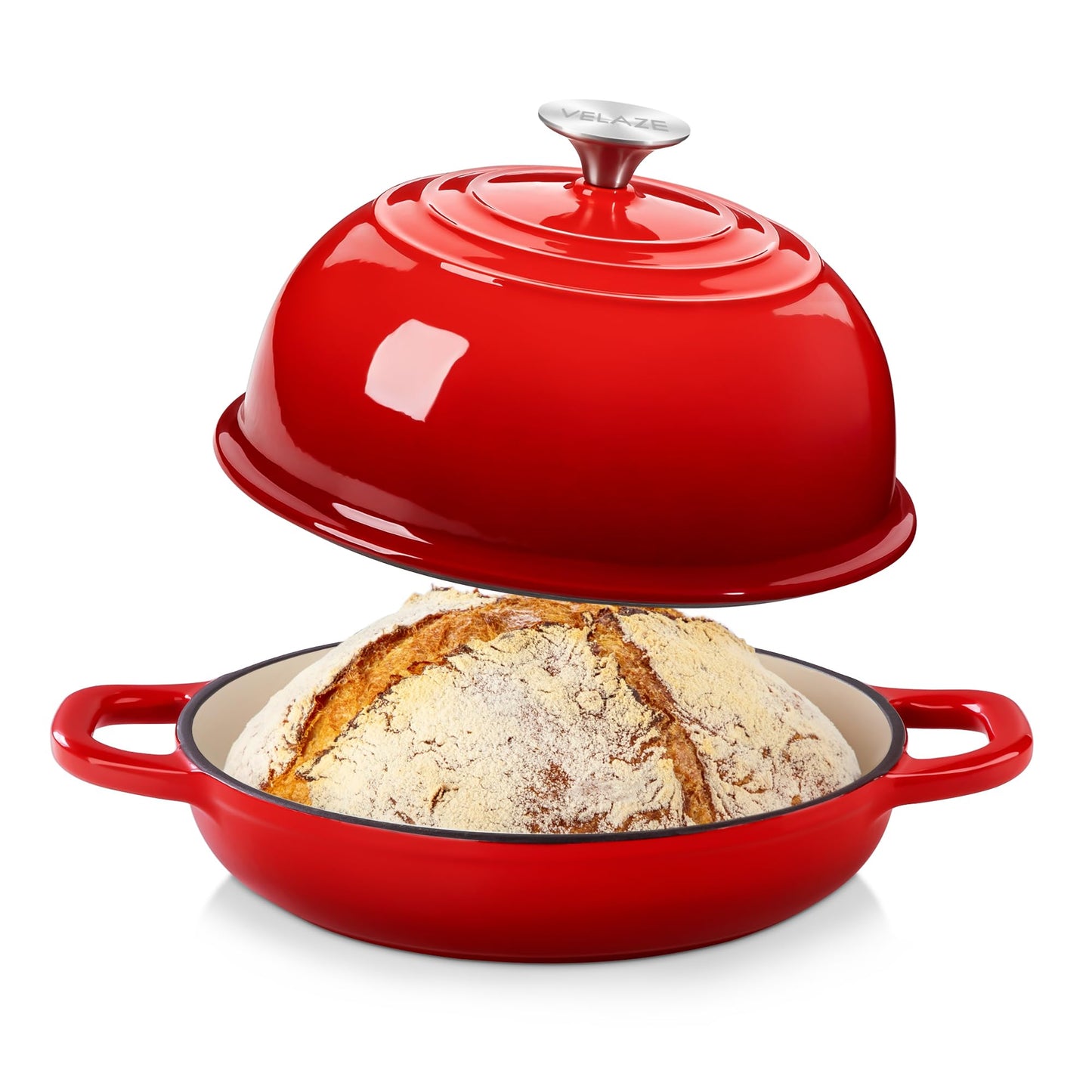 Velaze Enameled Cast Iron Dutch Oven for Bread Baking,5 QT Round Bread Oven Pot with Dome Lid for Sourdough, Roasting,Braising(Red)