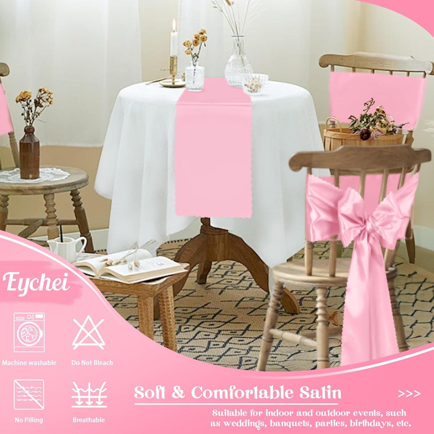 Skiennix Pink Satin Chair Sashes - 12 Pcs 7x108 Inch Silky Bow Ties for Weddings & Events