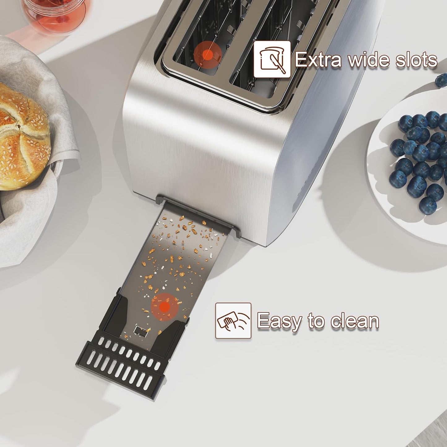 Runnatal 2-Slice Stainless Steel Toaster - Multifunctional with 7 Toast Settings & Easy Clean | Silver Metallic