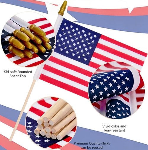 12 Pack Small American Flags - 4x6 Inch Mini USA Hand Held Stick Flag with Safety Spear Top, 250th Anniversary, Memorial Day, Outdoor 4th of July Decorations, Veteran's Day Patriotic Decor