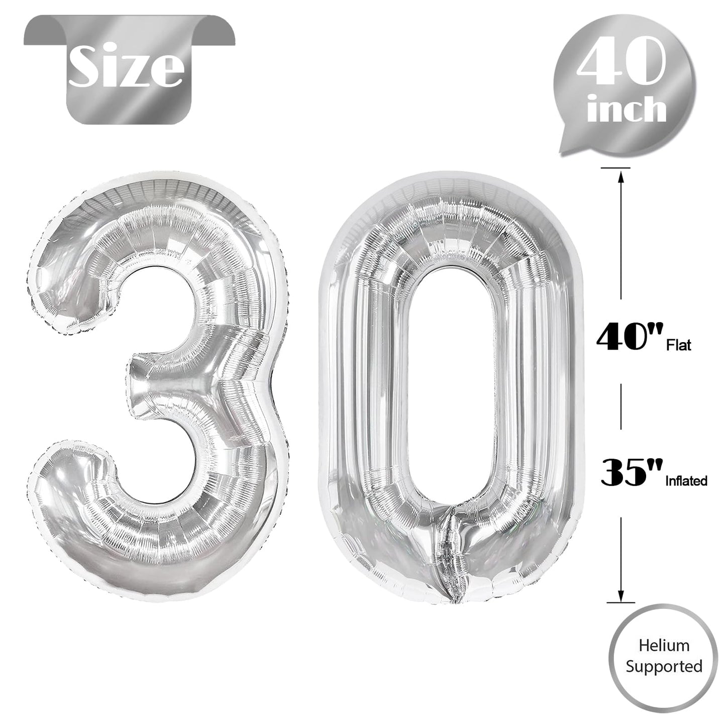 Silver Number 30 Balloon 40 inch, 30 Number Balloons, 30th Silver Birthday Decorations for Girls Boys Kids, 30 Year Old Women Men Silver Party Supplies