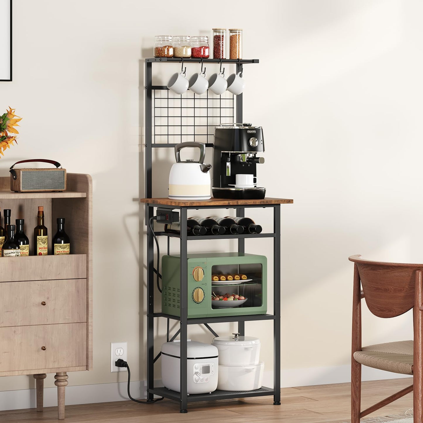 MAHANCRIS Bakers Rack with Power Outlet, Coffee Bar Station with Wine Rack, Bakers Racks for Small Spaces, Microwave Stand for Kitchen, Rustic Brown and Black BRHR23E01