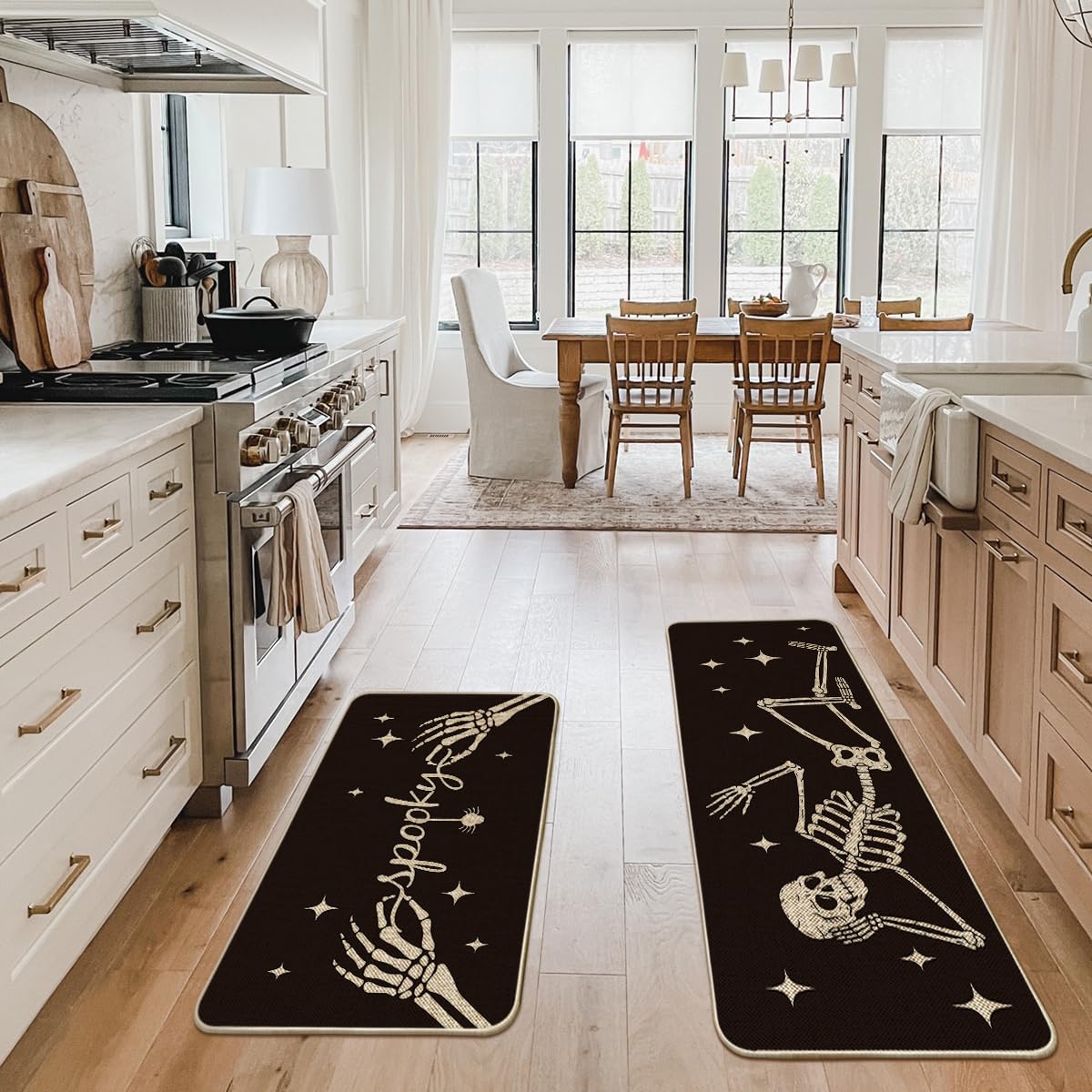 Artoid Mode Spooky Skeleton Spider Bone Black Halloween Kitchen Mats Set of 2, Black Home Decor Low-Profile Kitchen Rugs for Floor - 24x35 and 24x59 Inch