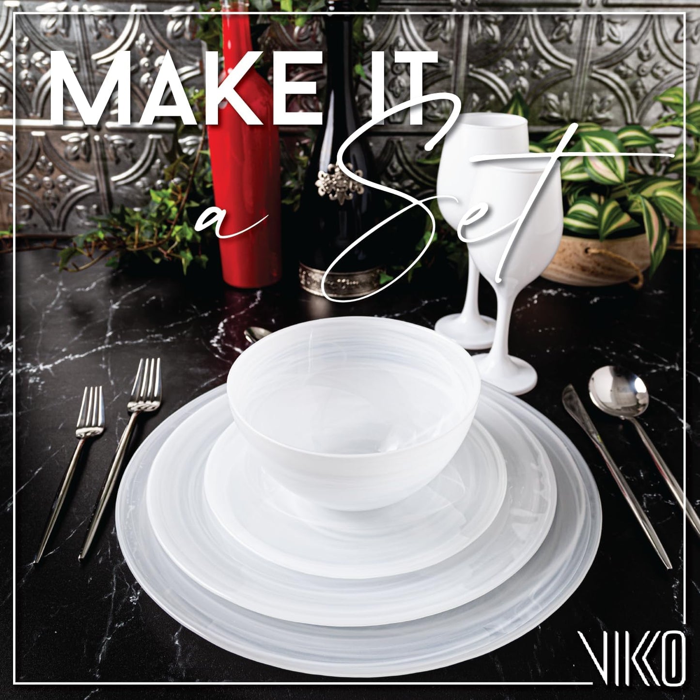 Vikko Charger Plates - Set of 6 Elegant White Alabaster Dinner Plates | 13" Marbled Swirl Design, Dishwasher Safe