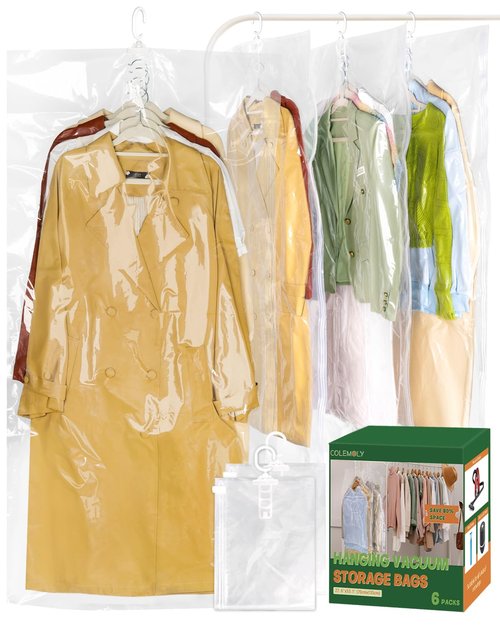 Colemoly Hanging Vacuum Storage Bags for Clothes 6 Pack 53.1x27.6 Inches Large Transparent Vacuum Seal Bags, Space Saving Storage Bags for Dresses/Coats/Suits, Waterproof/Dustproof/Wrinkle-Free