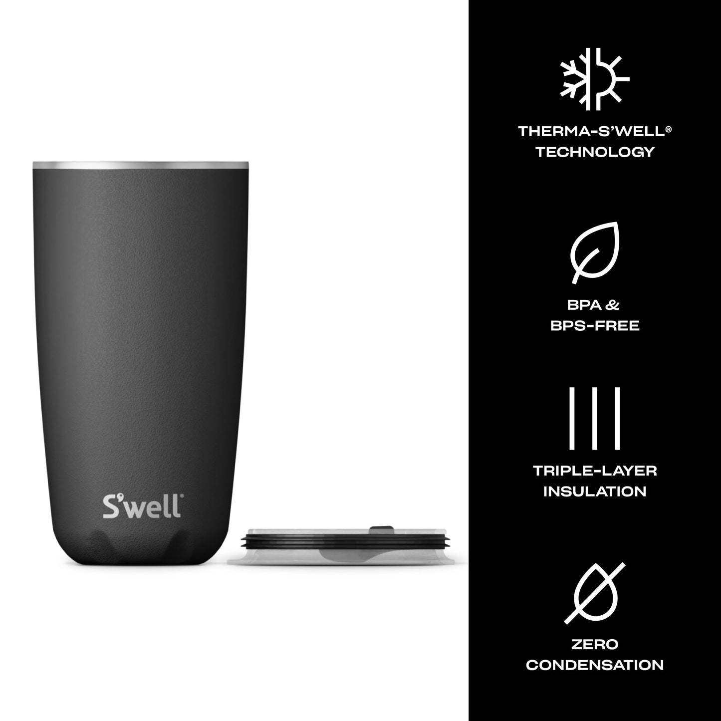 S'well Stainless Steel Tumbler with Slide-Open Lid, 18oz, Onyx, Triple Layered Vacuum Insulated Containers Keeps Drinks Cold for 12 Hours and Hot for 4, BPA Free