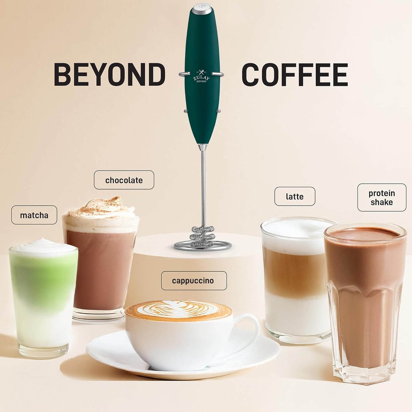 Zulay Kitchen Tornado Triple Whisk Milk Frother - Handheld Foam Maker for Coffee & Lattes - Dark Green