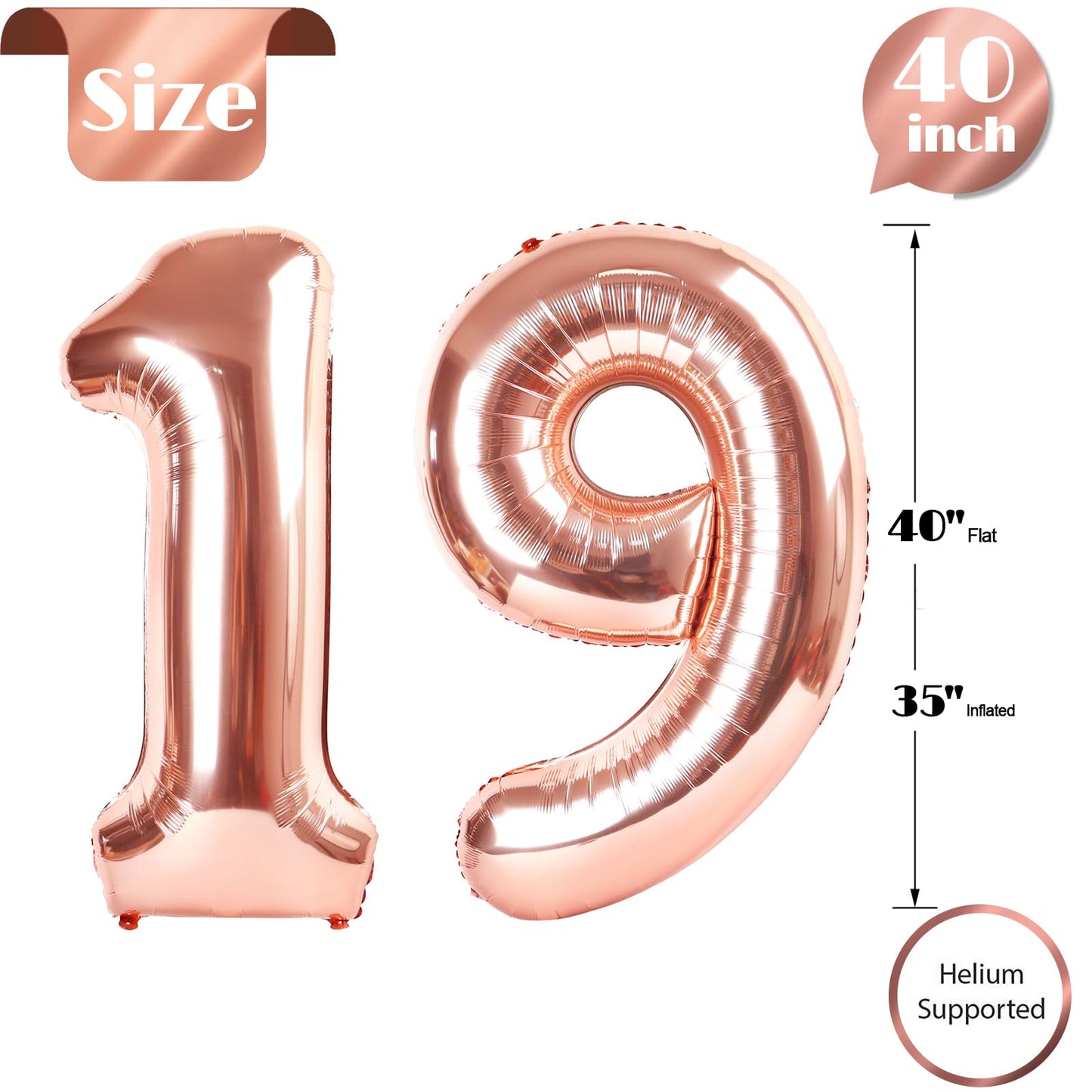 Rose Gold Number 19 Balloon 40 inch, 19 Number Balloons, 19th Birthday Decorations, 19 Year Old Women Men Rose Gold Party Supplies