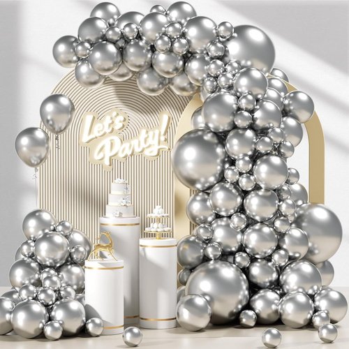 Awenztech Metallic Silver Balloon Arch Kit - 120pcs Chrome Latex Balloons for Weddings, Baby Showers & Parties