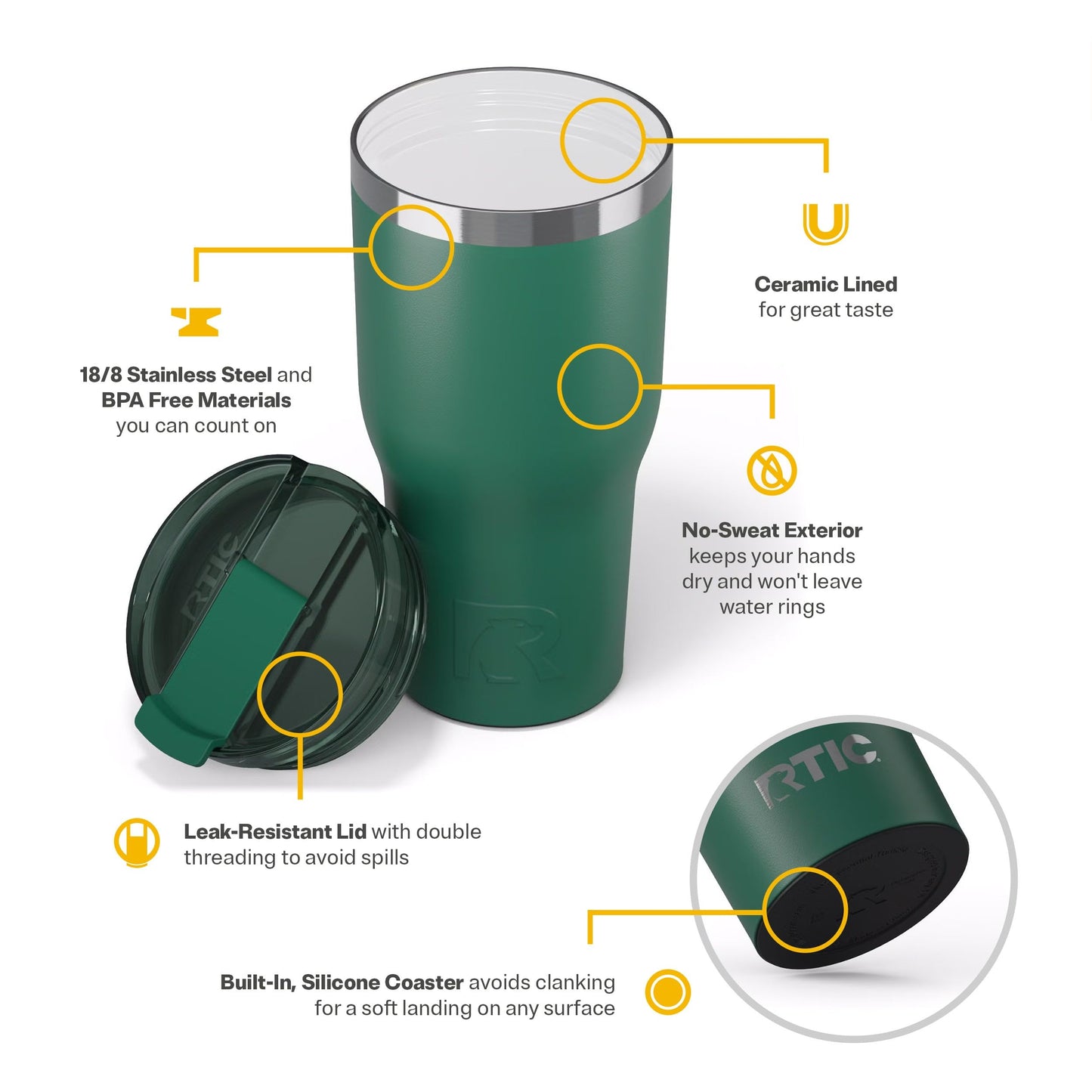 RTIC 30oz Essential Tumbler with Lid, Ceramic Lined, Insulated, Stainless Steel, Metal, Double Wall Vacuum-Insulation, Travel Cup for Iced Coffee, Tea, Hot and Cold Drink, Pine Tree