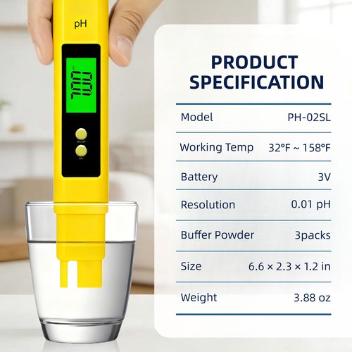 Digital pH Meter for Water,0.01 High Accuracy pH Tester Pen,Portable Water Quality Tester with Backlit Display PH Pen for Hydroponics,Aquarium (Yellow)