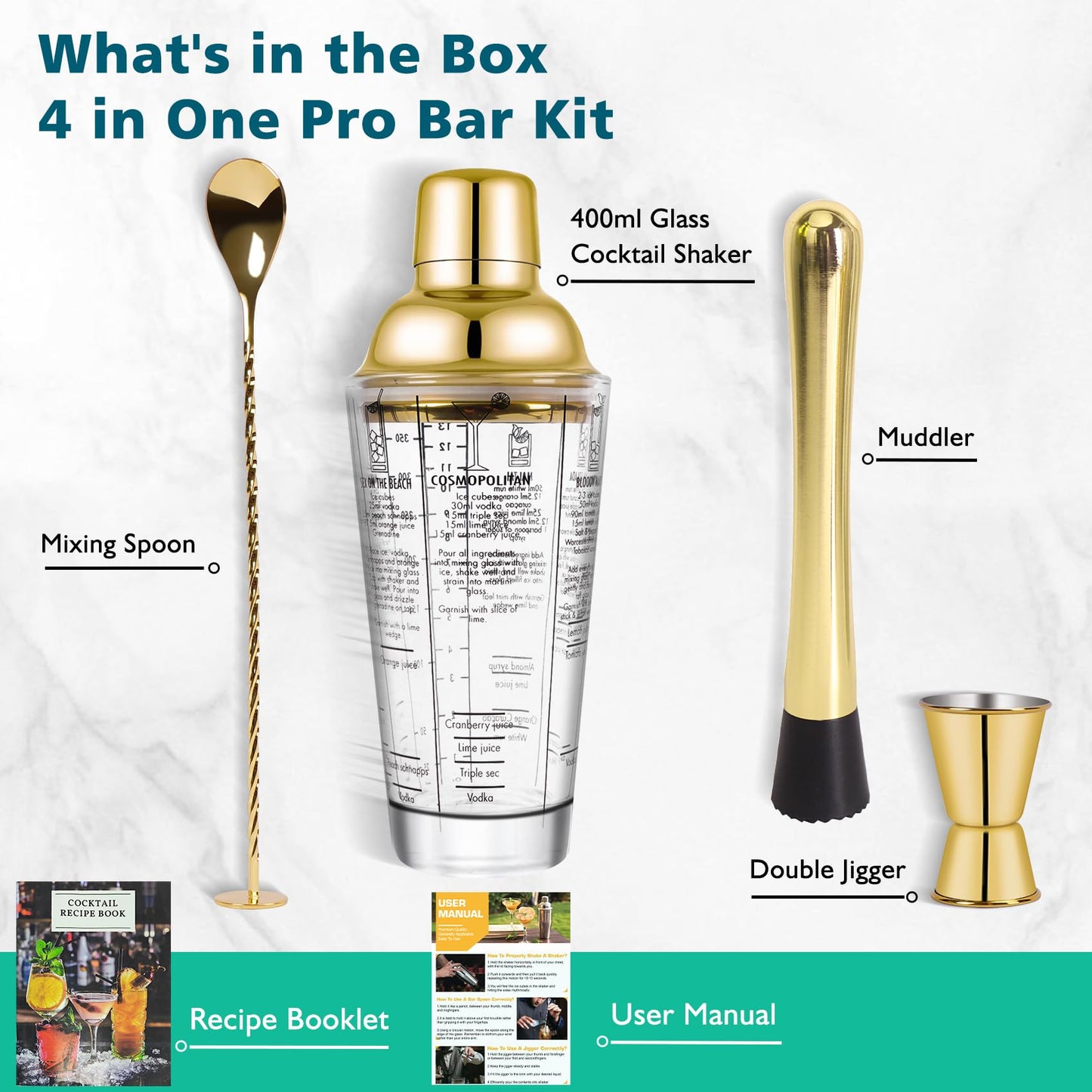 SAVORLIVING 14oz Glass Cocktail Shaker Set, 4PCS Bartender Kit, Martini Mixer Shaker with Built-in Strainer, Mixing Spoon, Measuring Jigger & Muddler, Bar Tool Set for Beginners Use (Gold)