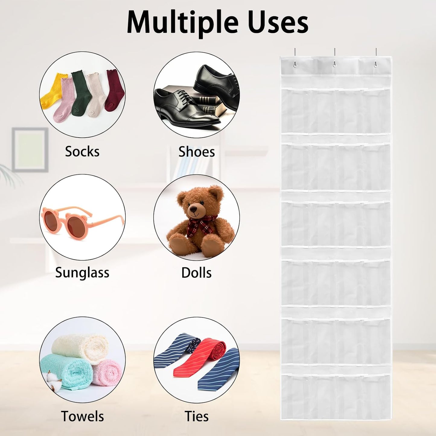 Skiennix 24-Pocket Over-The-Door Shoe Organizer - Large Hanging Rack with Mesh Pockets & 3 Hooks | White
