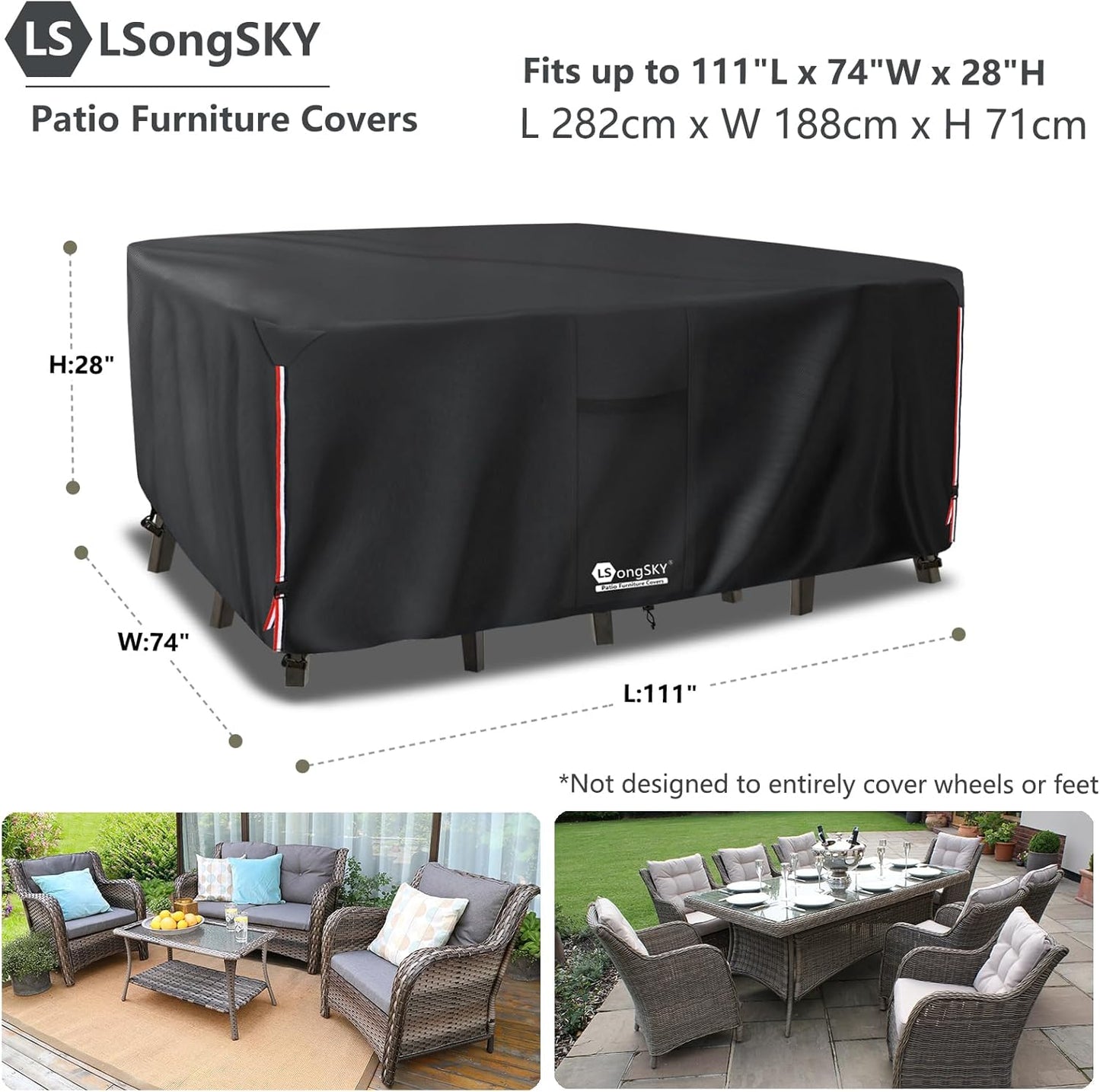 Outdoor Furniture Covers - Waterproof 600D Heavy Duty Protection for 6-8 Piece Patio Sets | Black 111L x 74W x 28H Inch