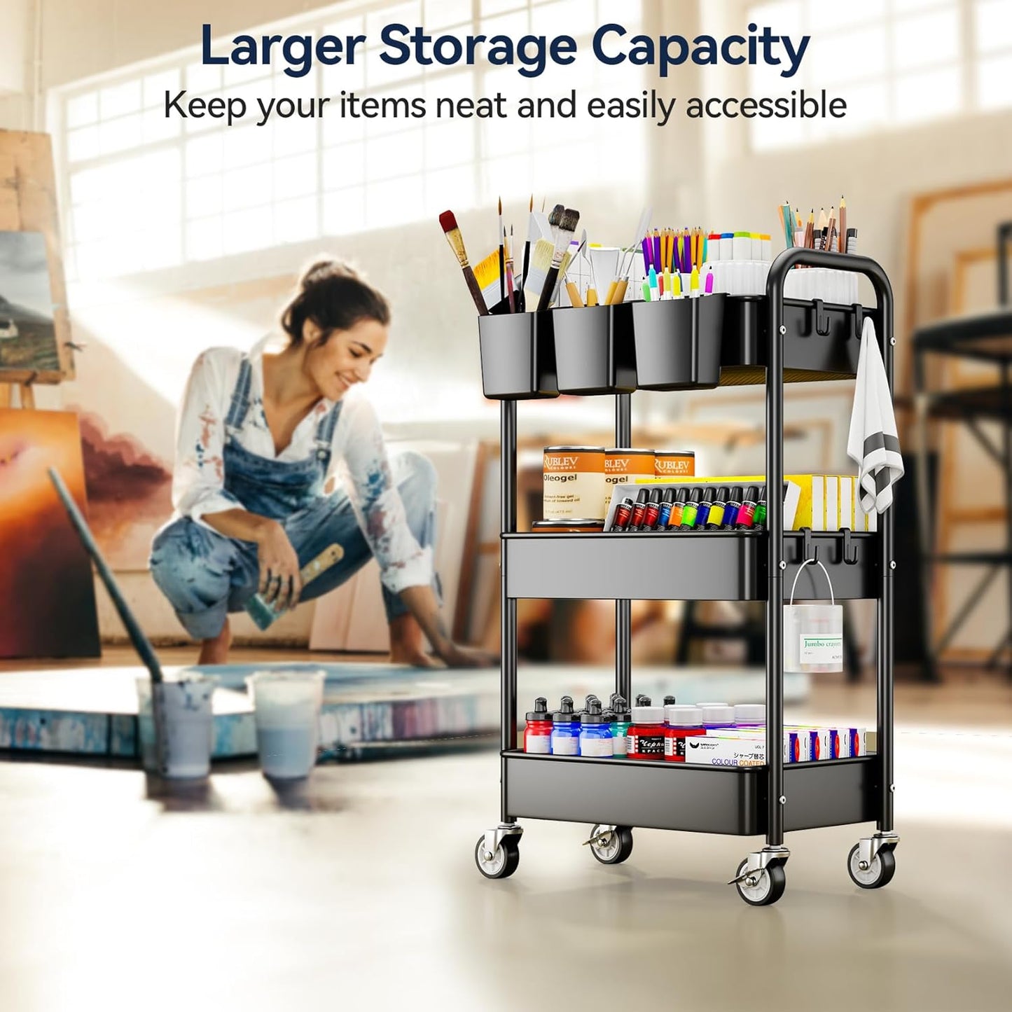 YASONIC 3-Tier Rolling Utility Cart - Heavy-Duty Metal Storage Organizer with Wheels & Hooks | Perfect for Kitchen & Office