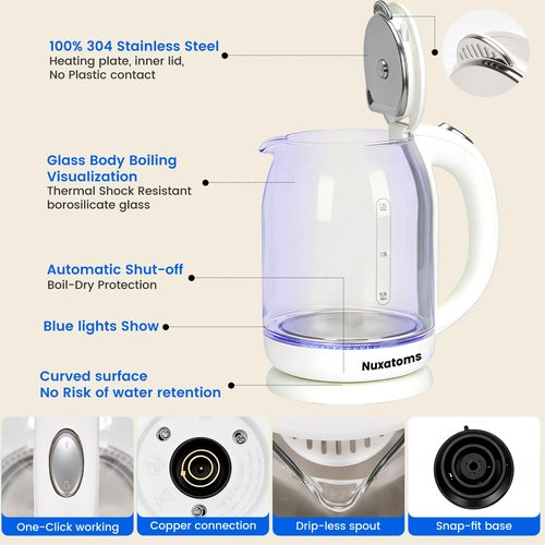 Household Electric Kettle, All 304 Stainless steel and No Plastic Contact, Automatic Shut-off,Borosilicate glass Visual Boiling, 2.0L Water Boiler & Tea Kettle Perfect For Tea & Coffee (pure white)