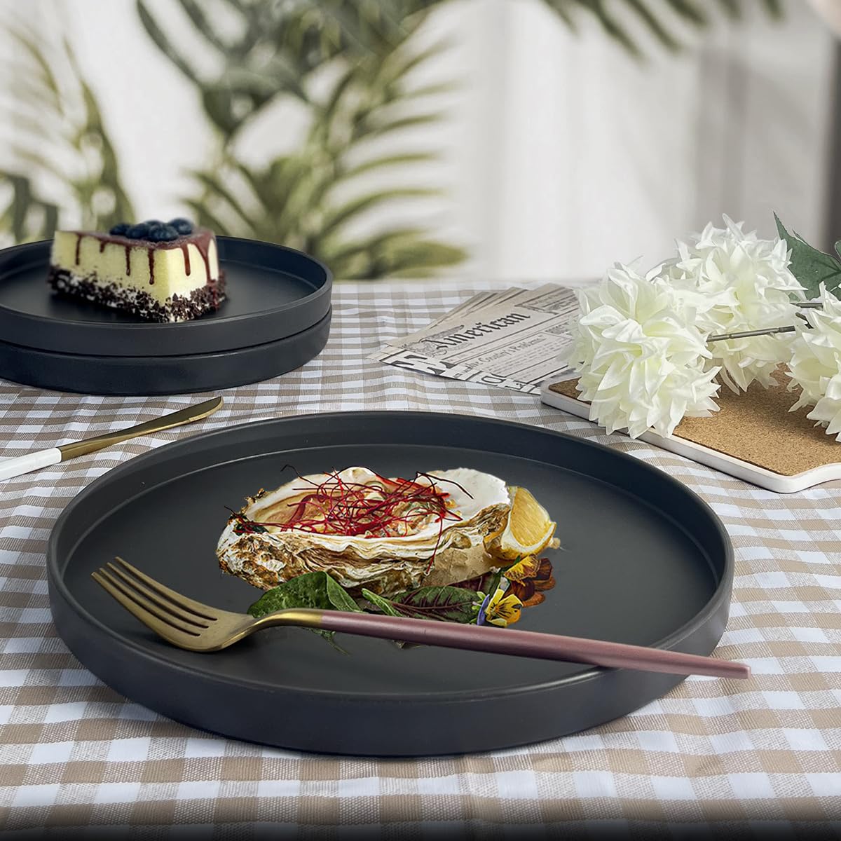 Teivio 24-Piece Kitchen Plastic Coupe Wheat Straw Dinnerware Set, Service for 6, Dinner Plates, Dessert Plate, Cereal Bowls, Cups, Unbreakable Unique Plastic Outdoor Camping RV Dishes, Black
