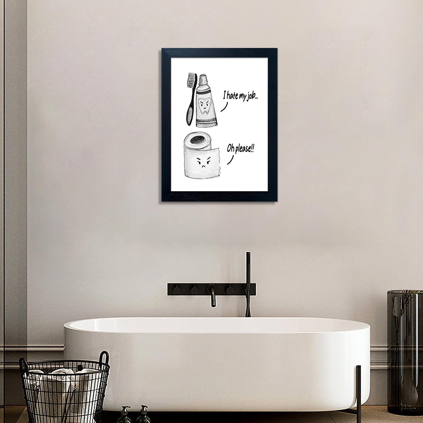 Skiennix Kids Bathroom Decor - Black and White Framed Art Print | Funny Toilet Paper & Toothbrush Design