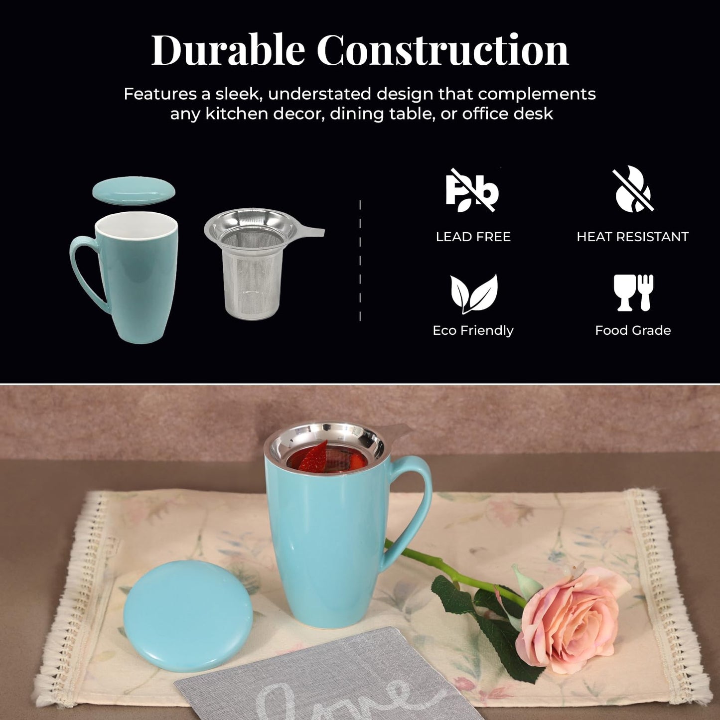Furmaware PorcelainTea Mug, 15oz Ceramic Tea Infuser Cup with Cooling Handle & Strainer, Microwave and Dishwasher safe Steeping Cup for Tea lovers, Christmas, Birthday and Mother’s Day (Turquoise)