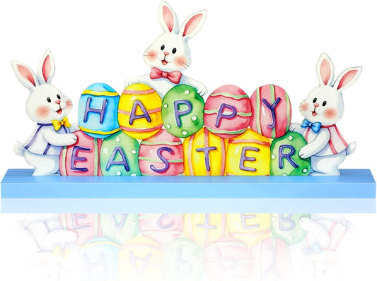MiniInflat Easter Bunny Metal Sign - Spring Table Decor for Home & Office | Pastel Centerpiece with Wood Base