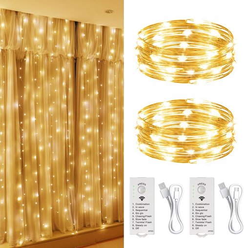 HXWEIYE 300L Curtain Lights - 16FT 50LED Rechargeable Fairy Lights with DIY Timer & 8 Modes