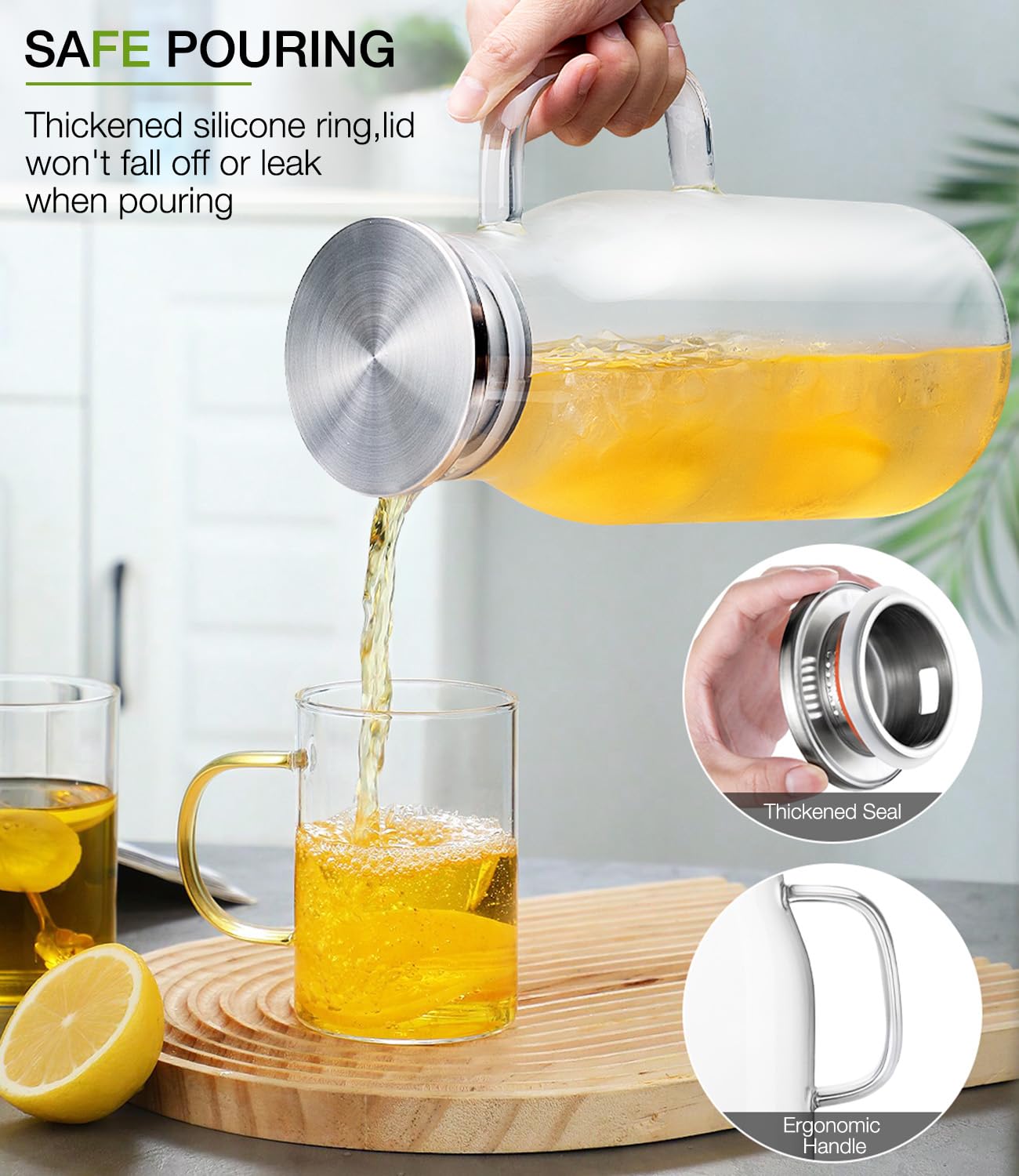 LUNA&MANTHA Glass Pitcher, 2 Liter 68oz Water Pitcher with Lid and Spout, Large Ice Tea Jug for Fridge, Thick Drink Jug with Handle for Juice, Coffee, Borosilicate Glass Carafe Hot/Cold Beverage