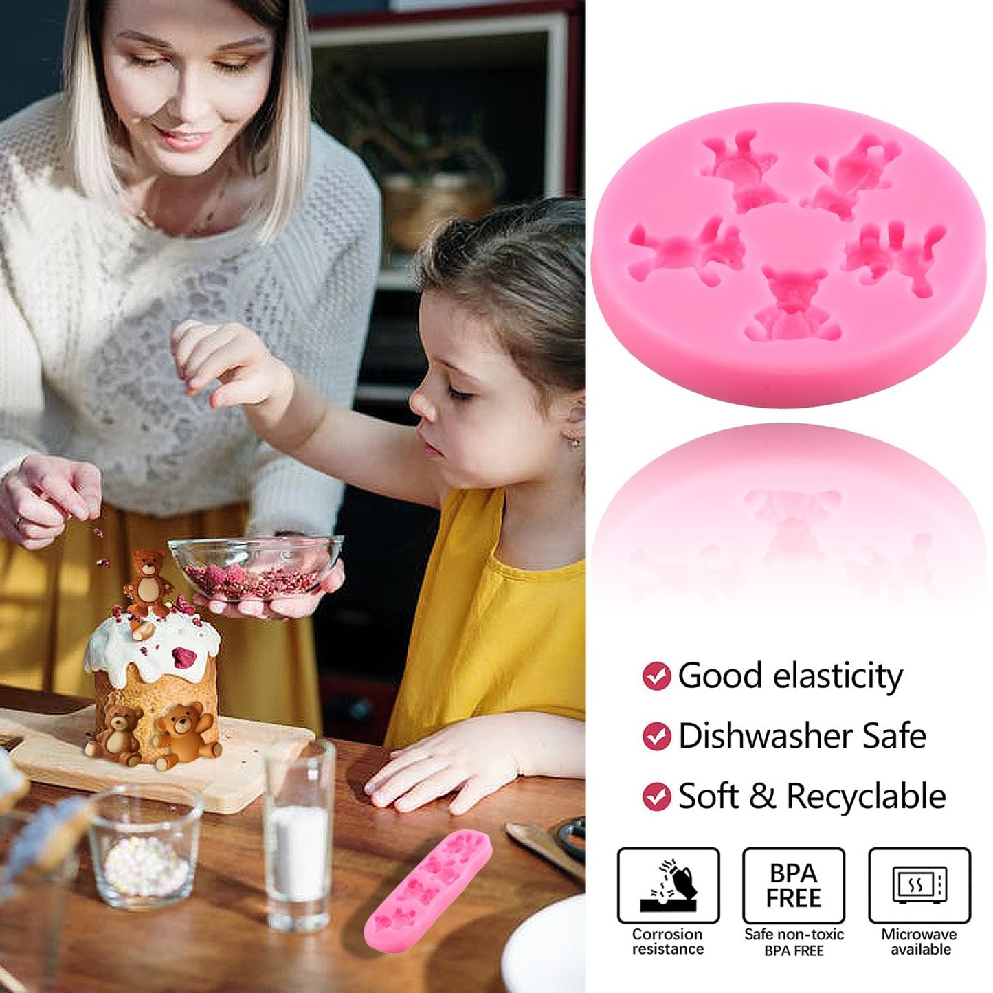 LKDQUTHM Bear Silicone Fondant Mold Bear Chocolate Candy Molds for Cupcake Topper Cake Decoration Gum Paste Polymer Clay Set Of 5