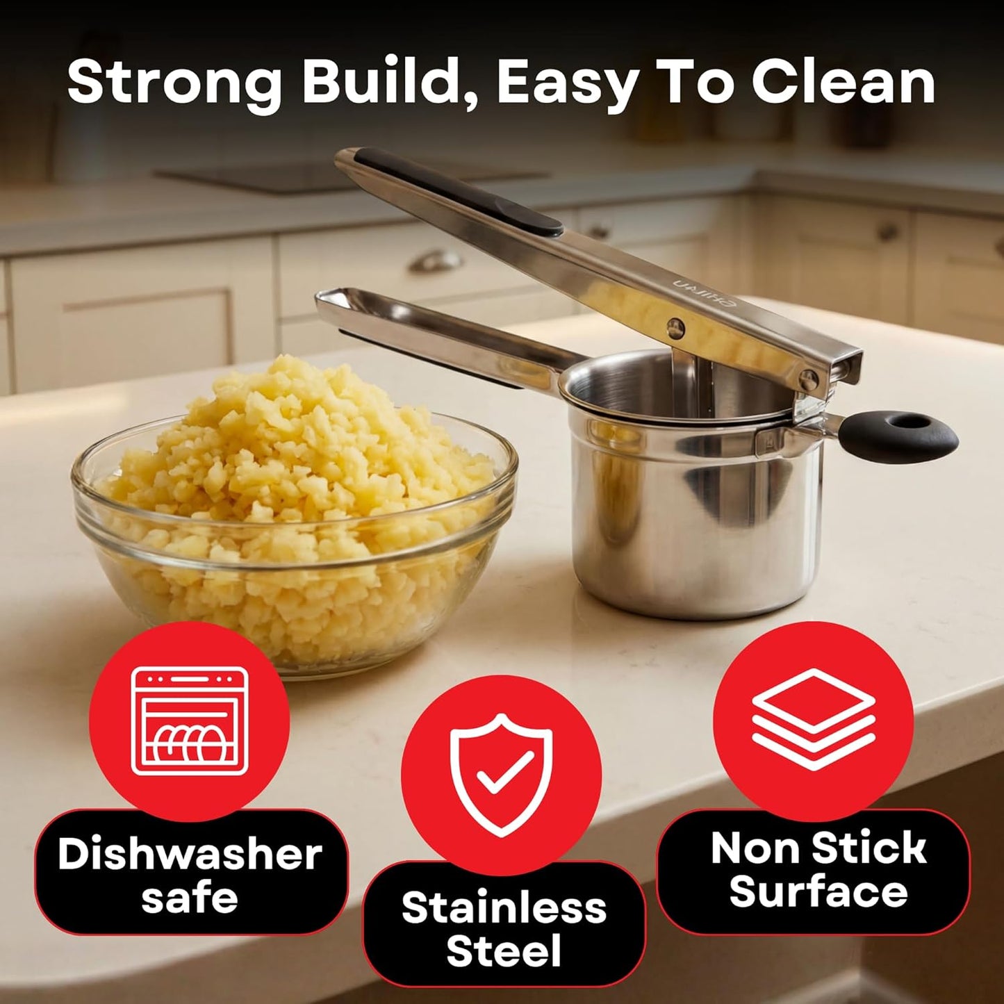 Skiennix 15oz Potato Ricer - Professional Stainless Steel Masher for Fluffy Mashed Potatoes & Gnocchi | Ergonomic Silicone Handles, Dishwasher Safe
