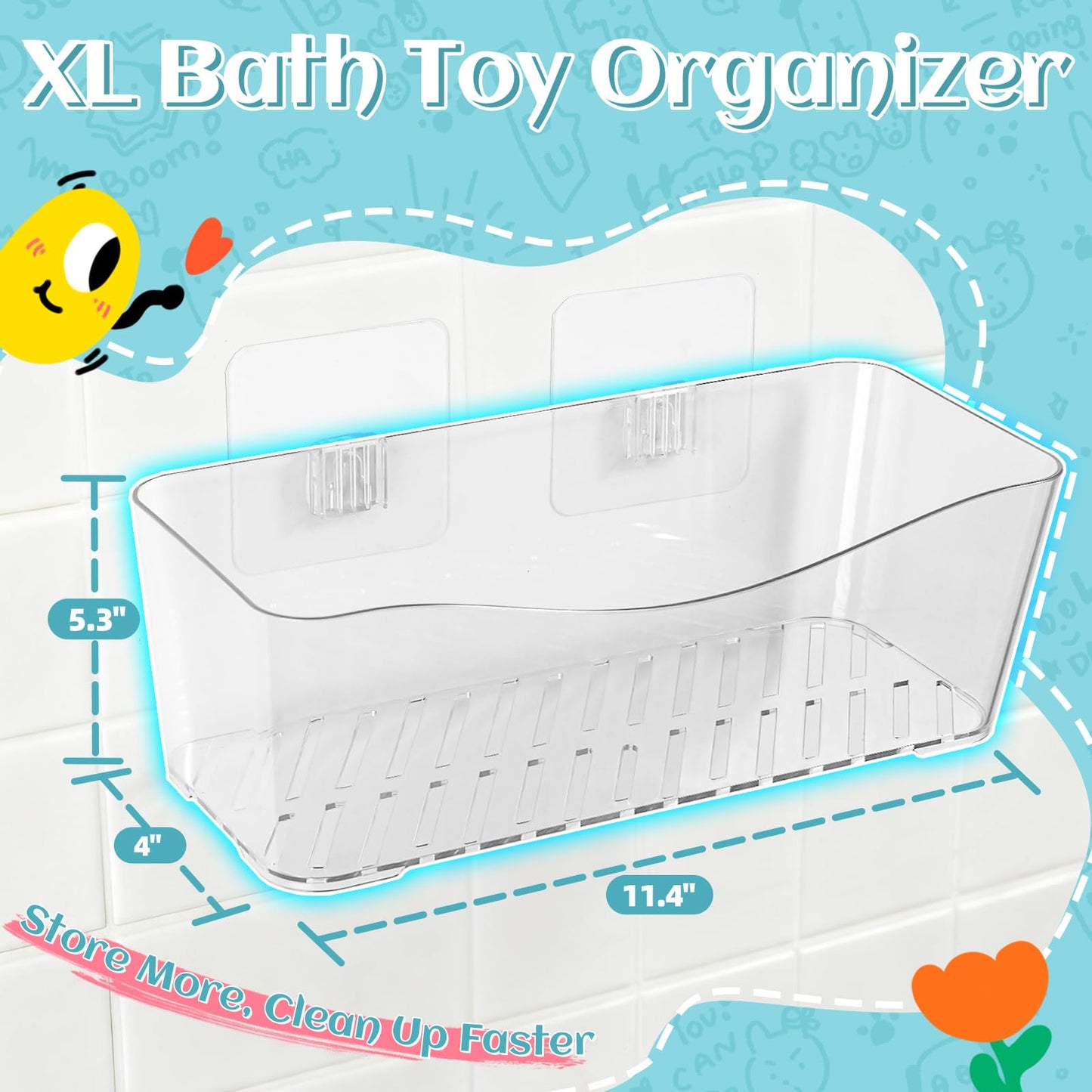 MIUKAA 2 Pack Large Bath Toy Storage Organizer, Clear Bath Toy Holder for Bathtub, Plastic Shower Toy Holder, Fast drainage, No Drilling Required, Easy to Install