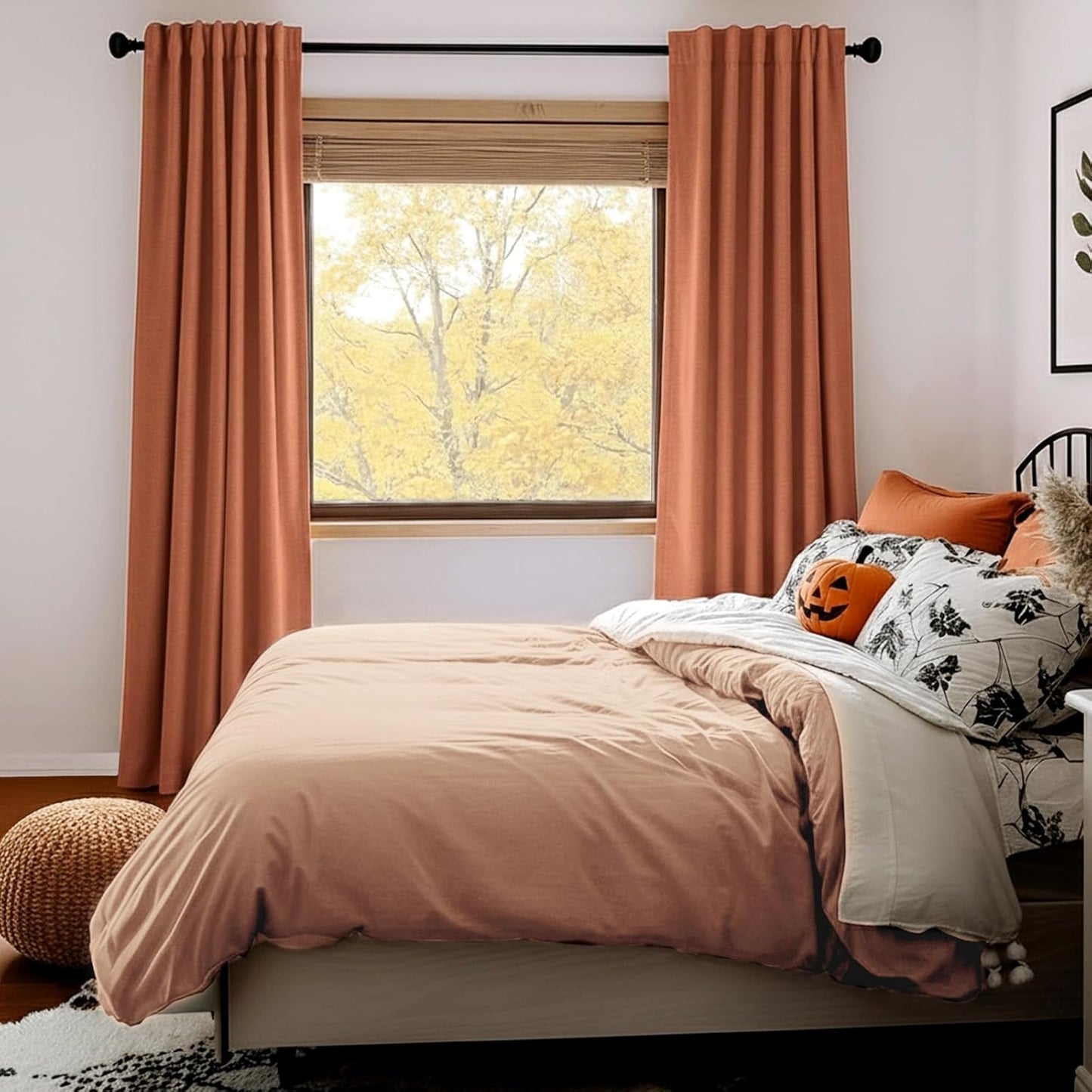 Skiennix 100% Blackout Linen Curtains - Thermal Insulated Drapes, 50" W x 96" L, Burnt Orange - 2 Panels Set