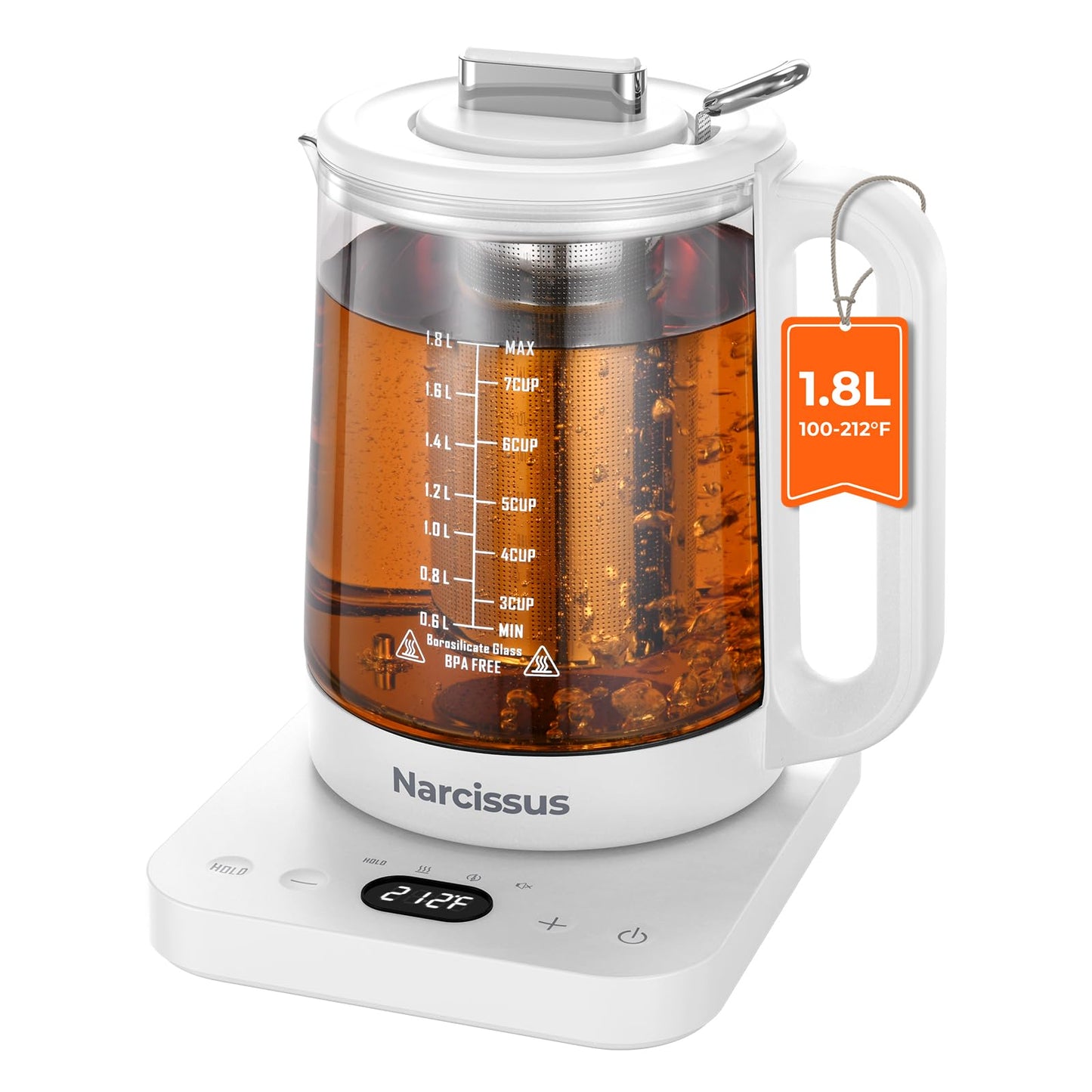 Narcissus Electric Kettle Temperature Control ±5℉, 1.8L Glass Electric Tea Kettle with Removable Infuser for Flowers & Fruit Tea, 1200W Fast Boiling, 6 Hours Keep Warming, White