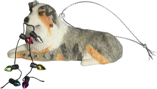 Blue Merle Australian Shepherd Christmas Ornament with Holiday Lights - Sandicast